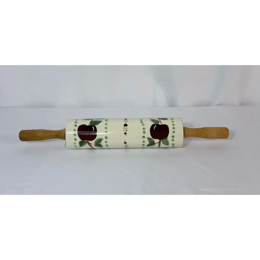 VTG Stoneware Cherry Red Rolling Pin Wood Handles Country Kitchen Orchard